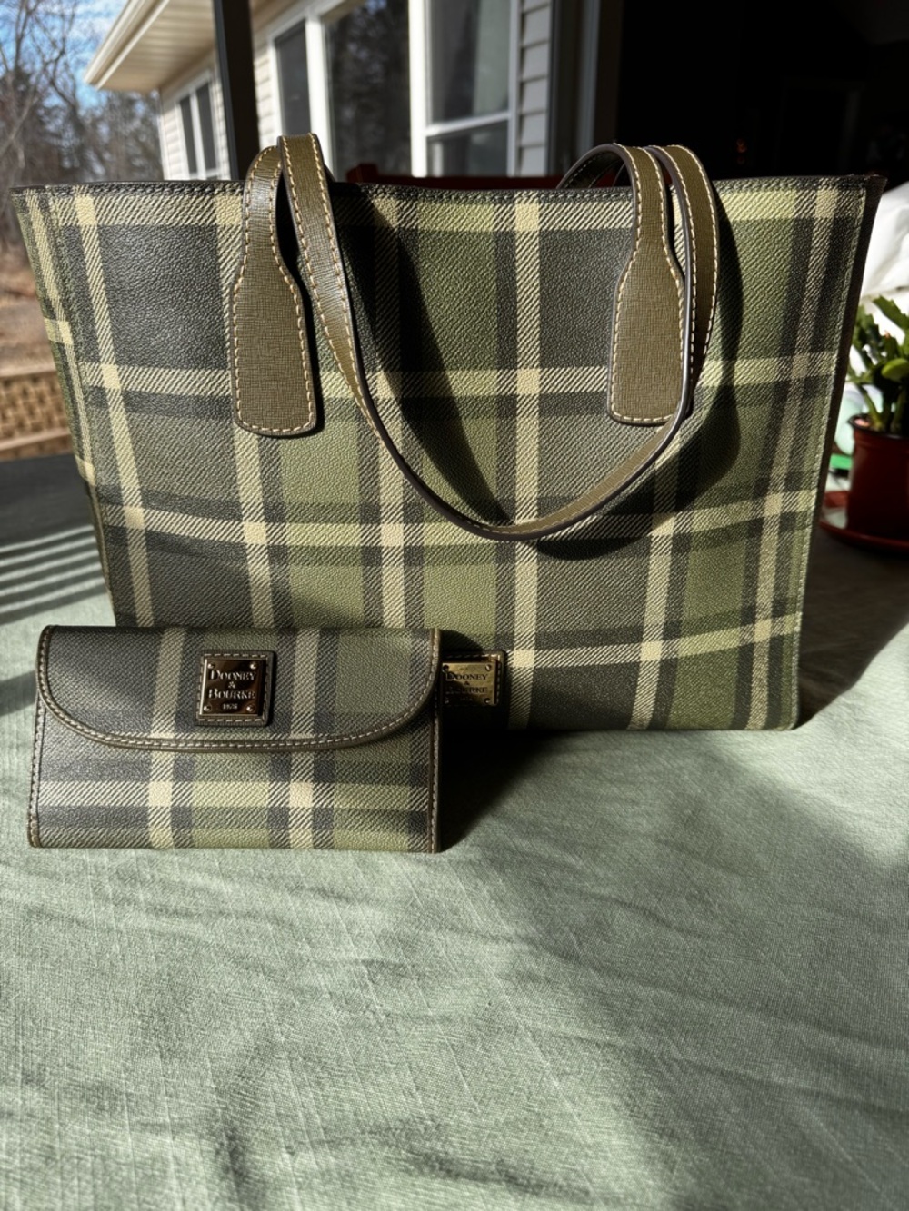 Dooney & Bourke Olive Plaid Tote with Matching Wallet